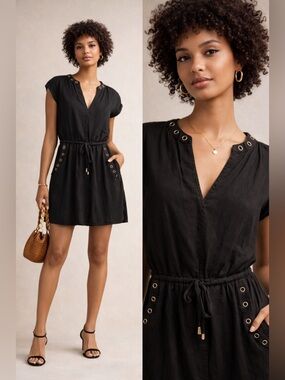 Forever 21 black dress with brass embellishments, pockets in the front size S